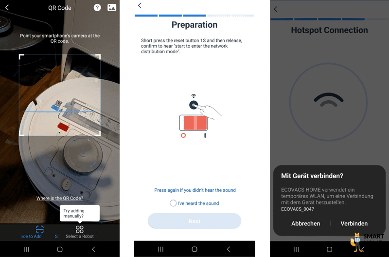 Der Einrichtungsprozess der ECOVACS DEEBOT T20 OMNI App ist zu sehen.